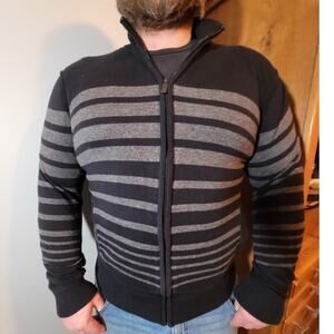 Kenneth Cole Reaction Full Zip Knit Sweater L Black Gray Stripe Cotton Modern